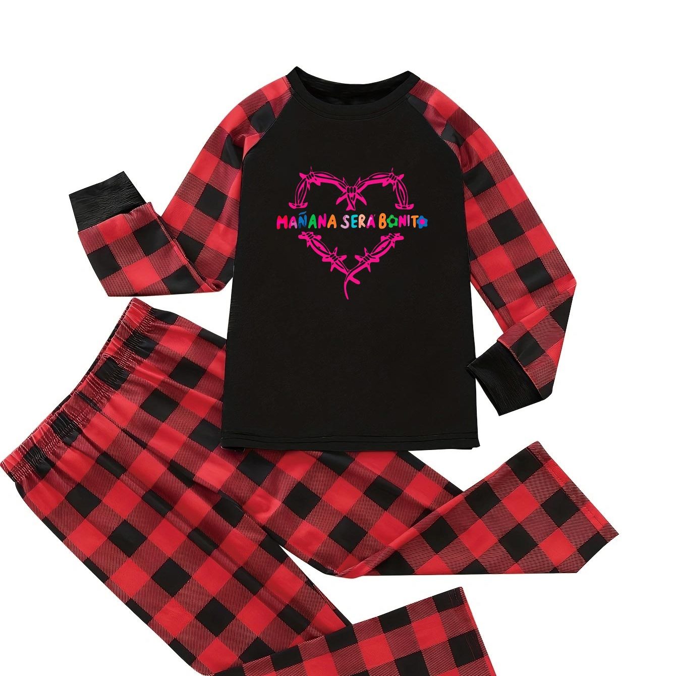 Colorblock Gingham & Letter Print Pajama Set