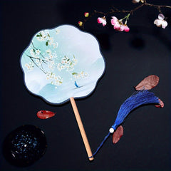 Flower Print Handheld Fan Wooden Handle Ancient Costume Accessories Fan