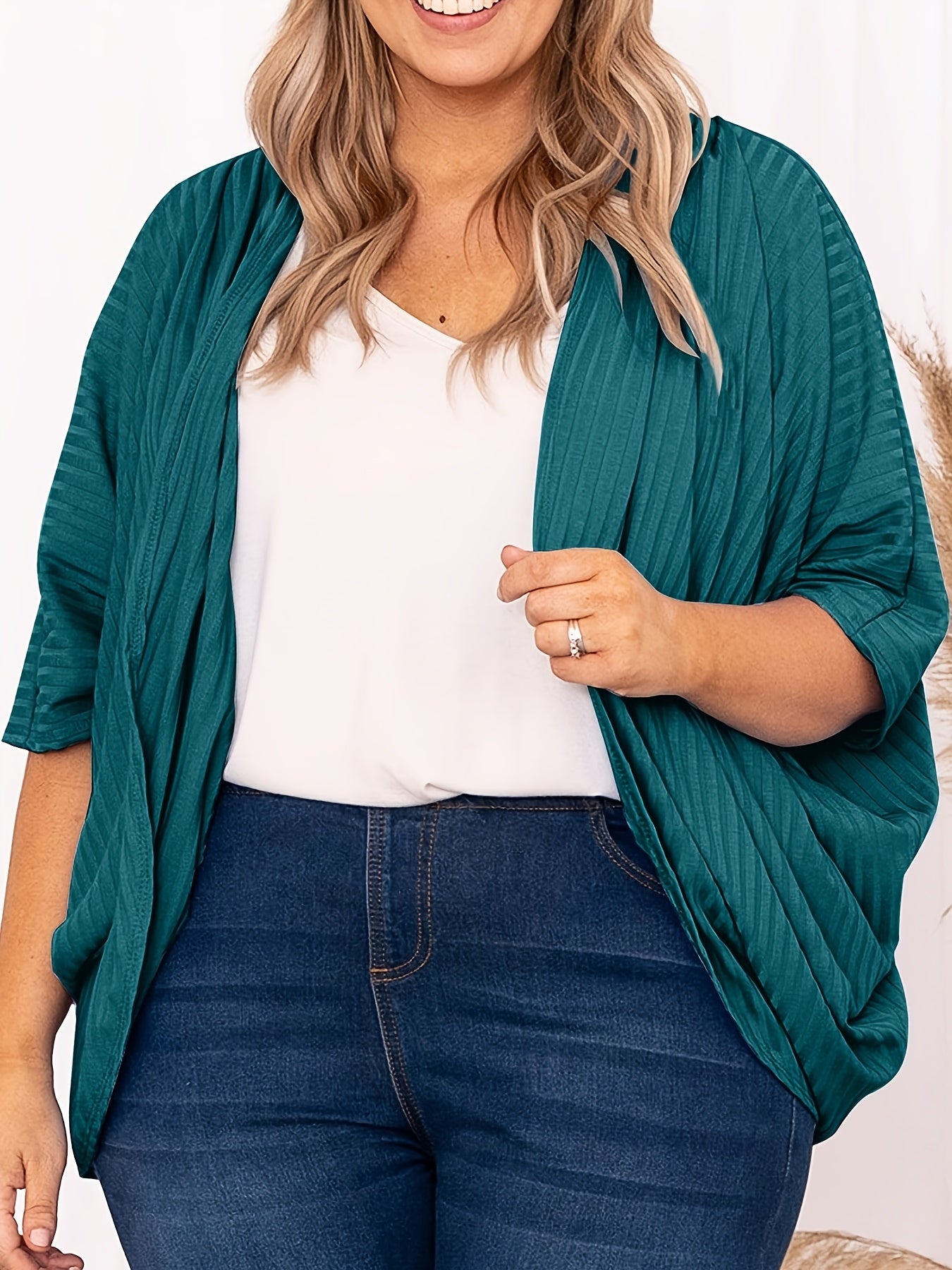 Ribbed Batwing Sleeve Open Front Cardigan