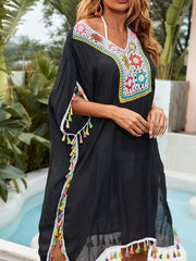 Colorful Tassel Trim V Neck Cover Up Kaftan Batwing Sleeve Beach Cover Up Dress