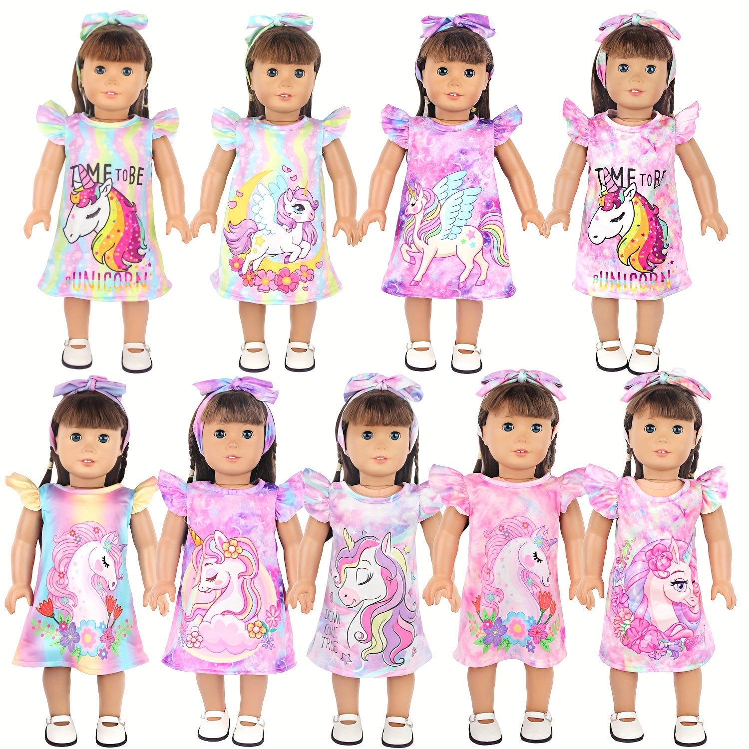 18" Doll Unicorn Flying Sleeve Skirt Headband Nightgown