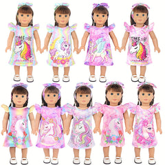 18" Doll Unicorn Flying Sleeve Skirt Headband Nightgown
