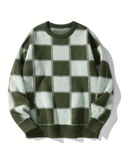 Men's Checkerboard Knitted Sweater for Fall and Winter