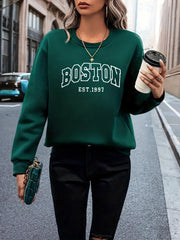 Boston Letter Print Crew Neck Sweatshirt