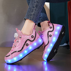 Girl's LED Roller Shoes with Rotating Buckle Detachable Wheel Skate Sneakers