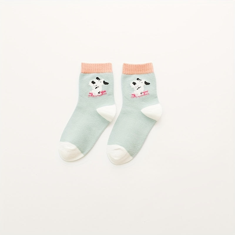 5 Pairs Girl's Cartoon Animals Knitted Socks Cotton Blend Crew Socks