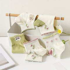 5 Pairs Girls Floral Ankle Socks for Kids Toddlers