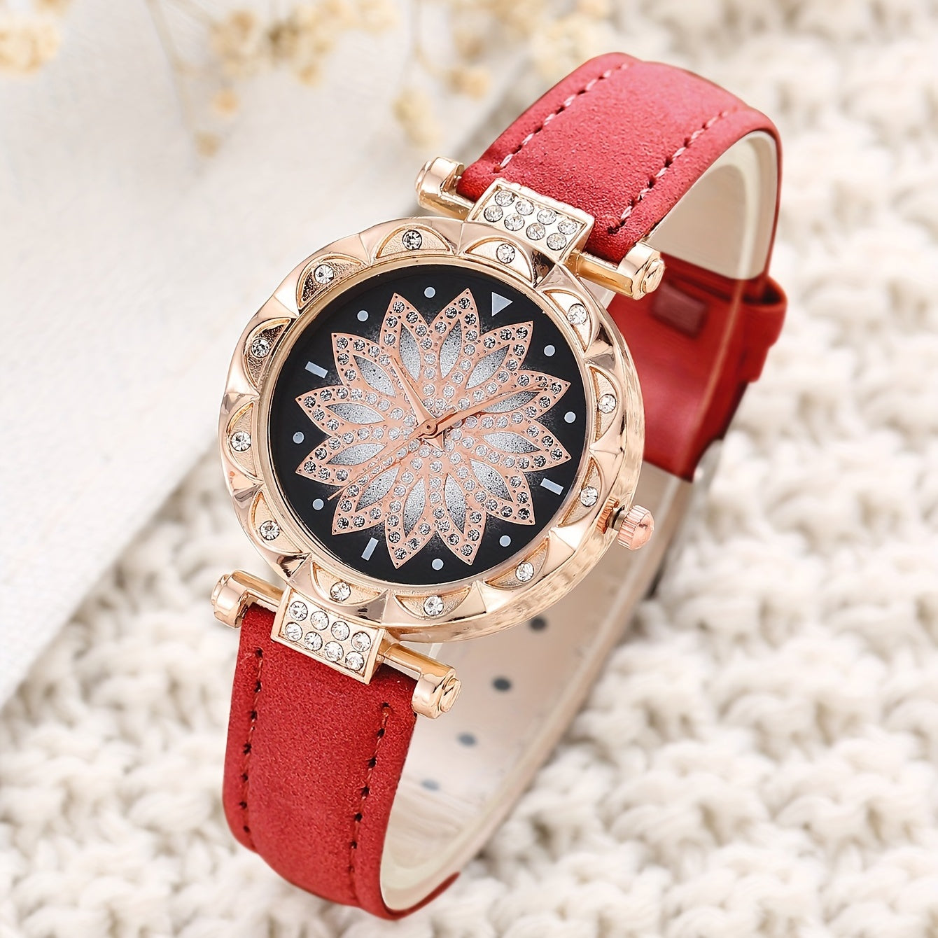 Red Rhinestone Quartz Watch & Red Butterfly Jewelry Set