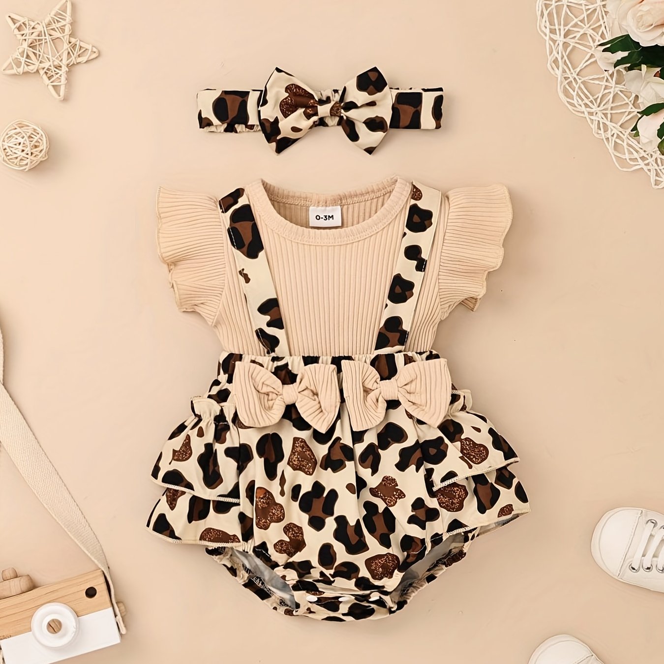 2pcs Baby Girls Leopard Print Onesie & Headband for Summer