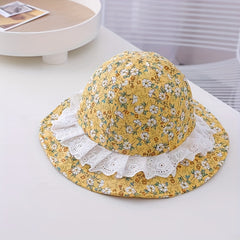 Kids Floral Lace Trim Bucket Hat With Windproof Rope