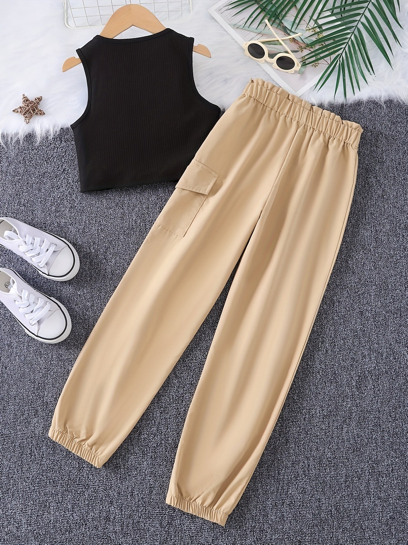 Girls Sleeveless Tank Top & Cargo Pants Set Kids Summer Clothes