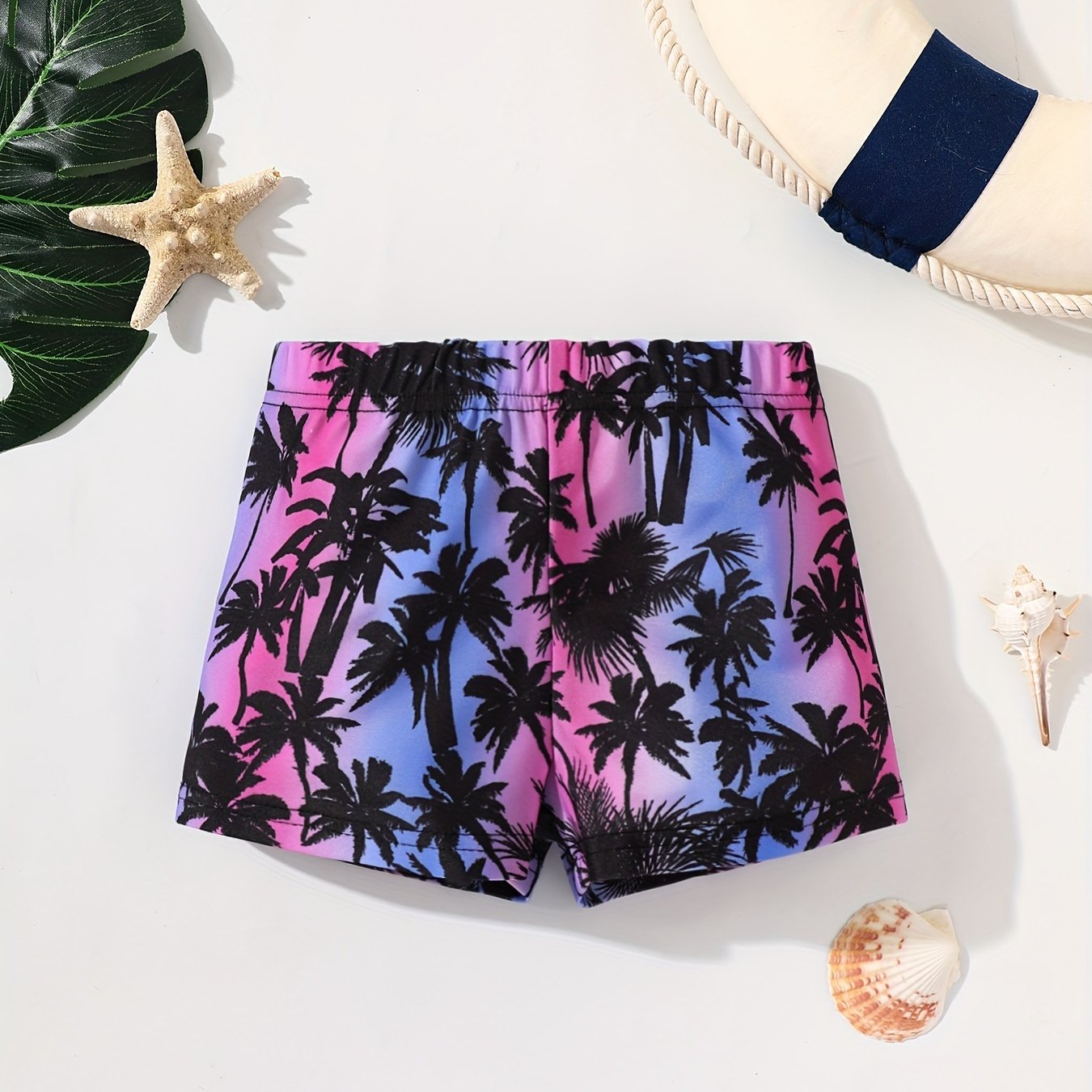 Boys Coconut Trees Print Swim Trunks, Size Up for Beach Vacation