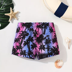 Boys Coconut Trees Print Swim Trunks, Size Up for Beach Vacation