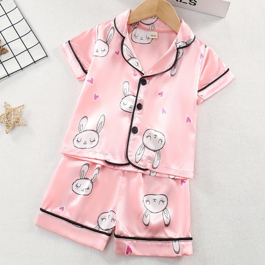 Girl's 2pcs Cartoon Rabbit Pajamas Button Top & Shorts Set
