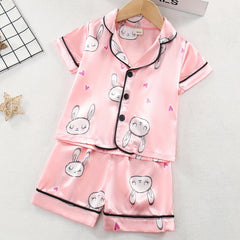 Girl's 2pcs Cartoon Rabbit Pajamas Button Top & Shorts Set