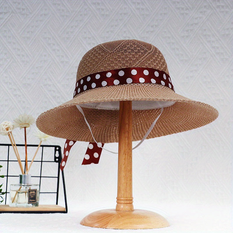 Crochet Bucket Hat with Polka Dot Ribbon Sun Hats