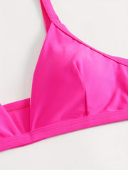 Sexy Bikini Set Women's Solid Deep V Neck Padded Bra & Thong Swimsuit