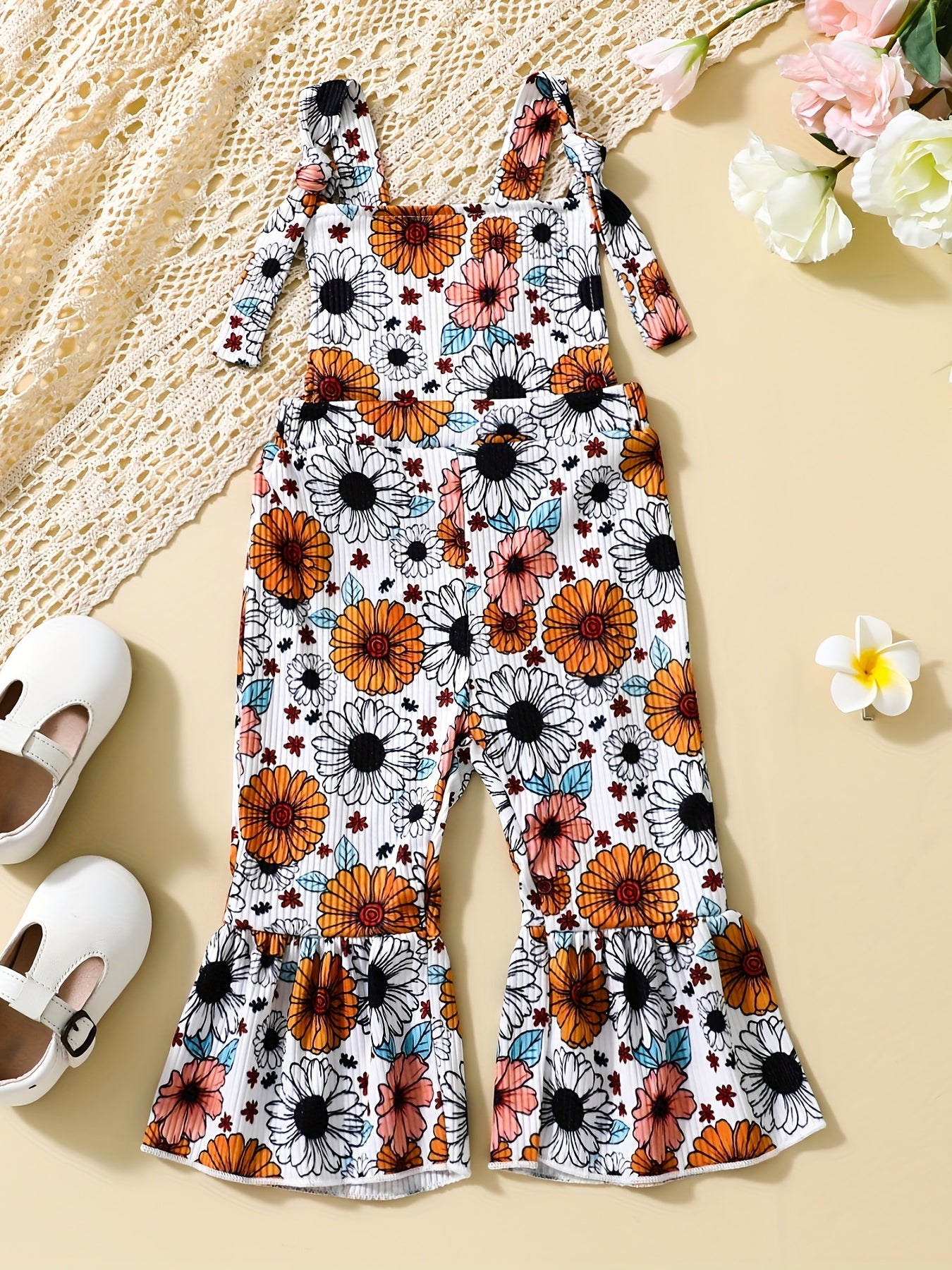 Floral Print Baby Girls Flared Overalls Suspender Bell Bottom Pants