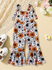 Floral Print Baby Girls Flared Overalls Suspender Bell Bottom Pants