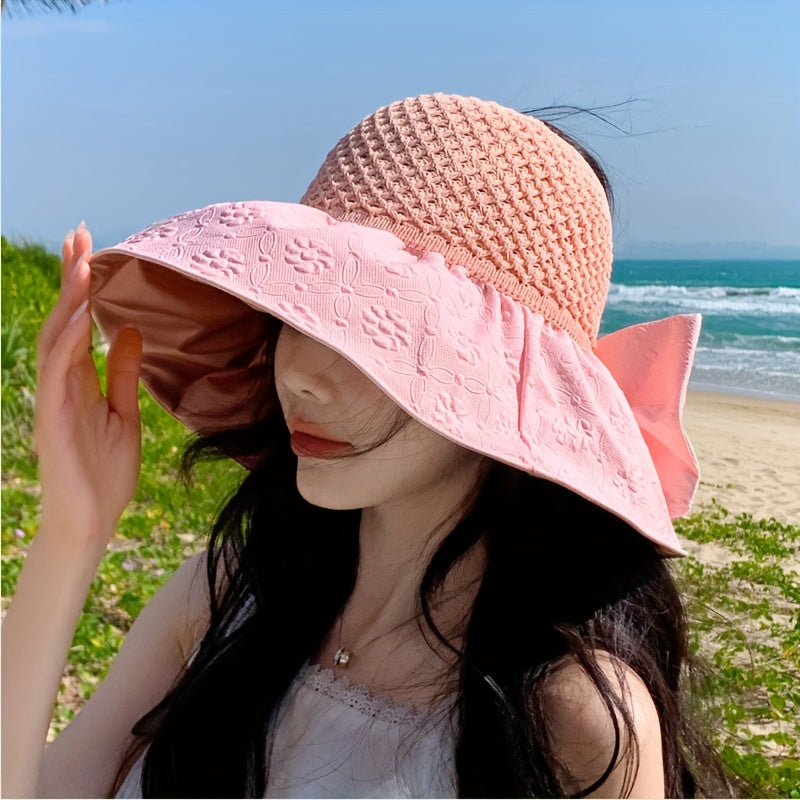 Flower Embossed Foldable Sun Hat UV Protection Stitching Bucket Hat