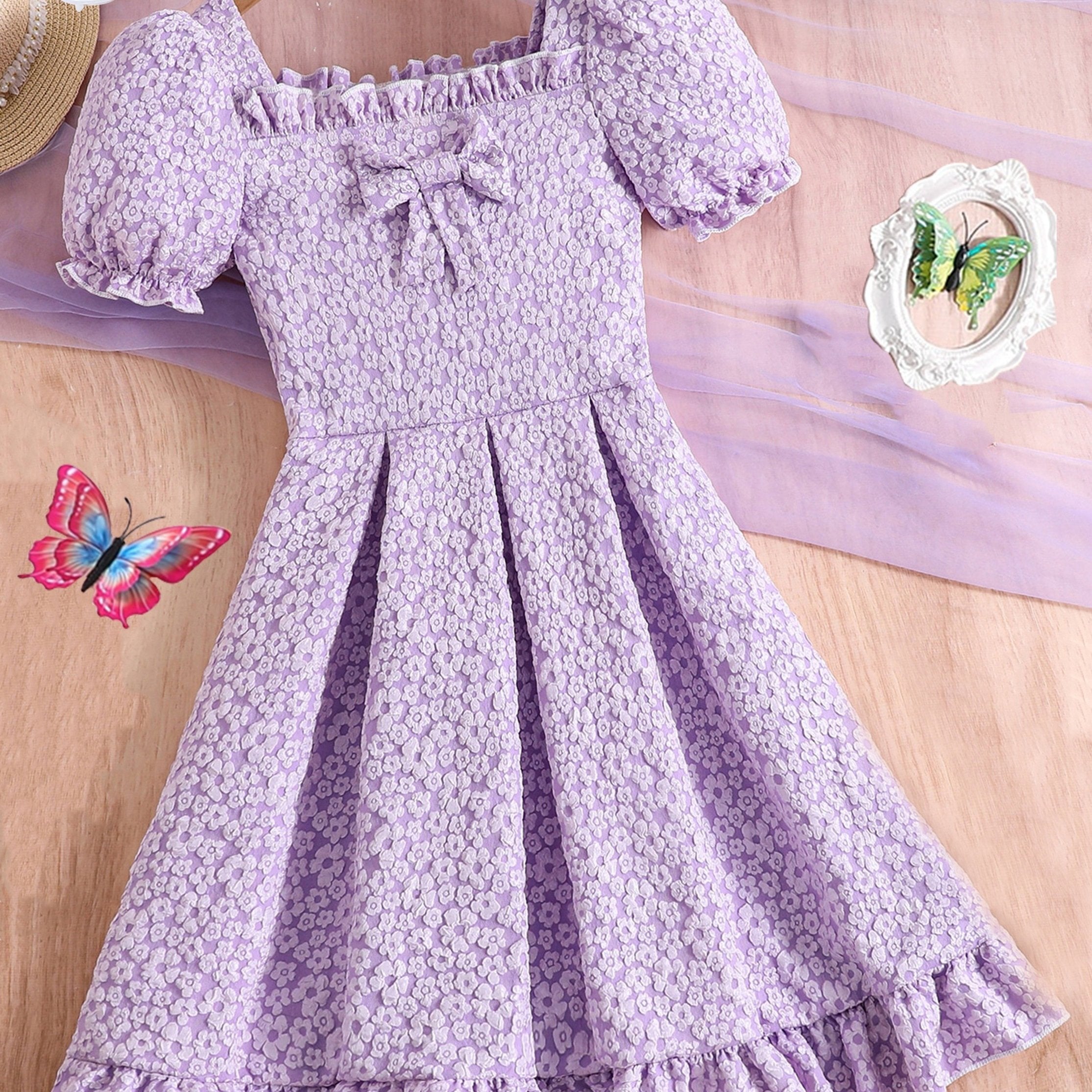 Girls' Floral Square Neck Pleated Tunic Dress Casual Party Holiday