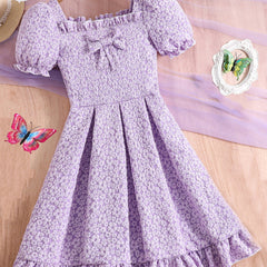 Girls' Floral Square Neck Pleated Tunic Dress Casual Party Holiday