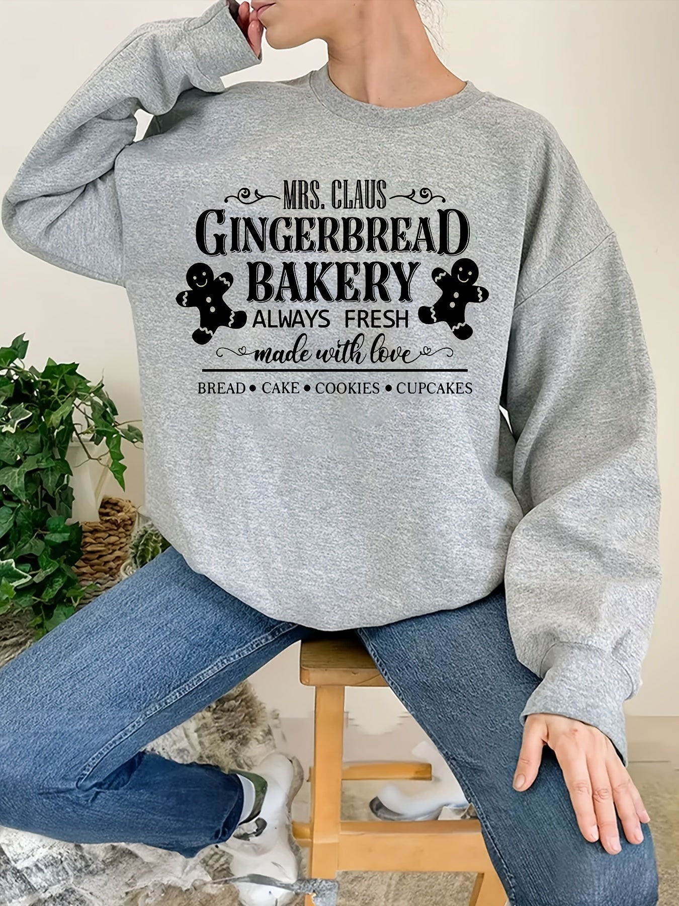 Gingerbread Bakery Sweatshirt Long Sleeve Crew Neck Women's Clothing