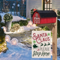 Christmas Garden Flag Santa Claus Sleigh Reindeer Burlap Vertical Stop Here