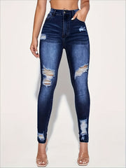 Slim Fit Ripped Jeans Button Closure