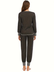 Striped Print Lounge Set Long Sleeve Crew Neck Top & Lace Up Pants