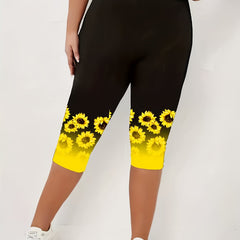 Sunflower Print Skinny Capris Leggings for Women