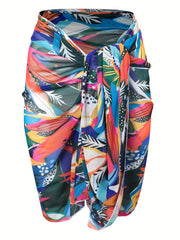 Retro Bikini Bottoms & Leaf Print Cover Up Skirt