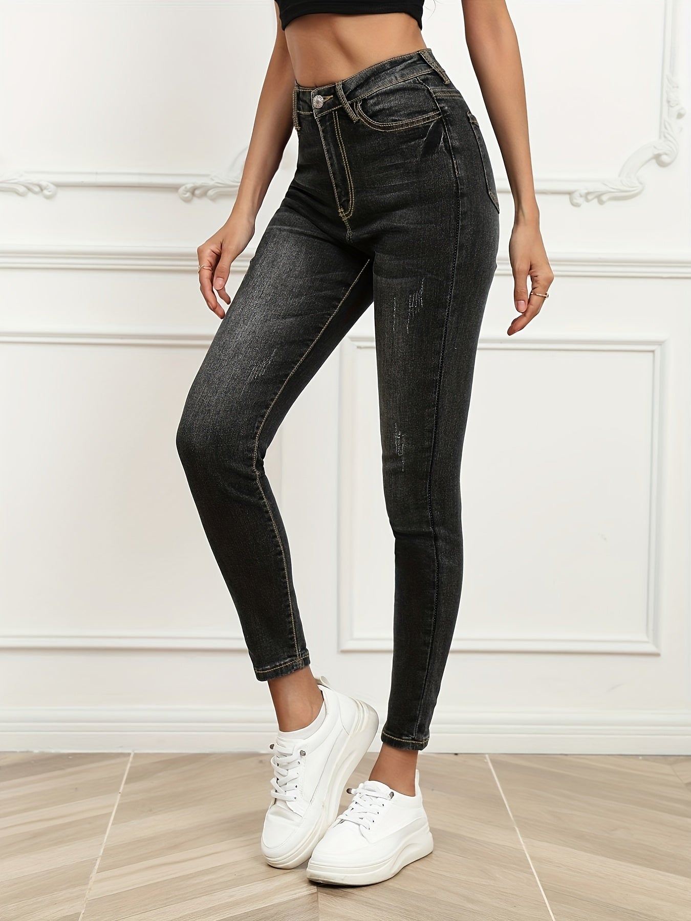 Solid Graphite High Rise Skinny Jeans High Stretch Slash Pocket