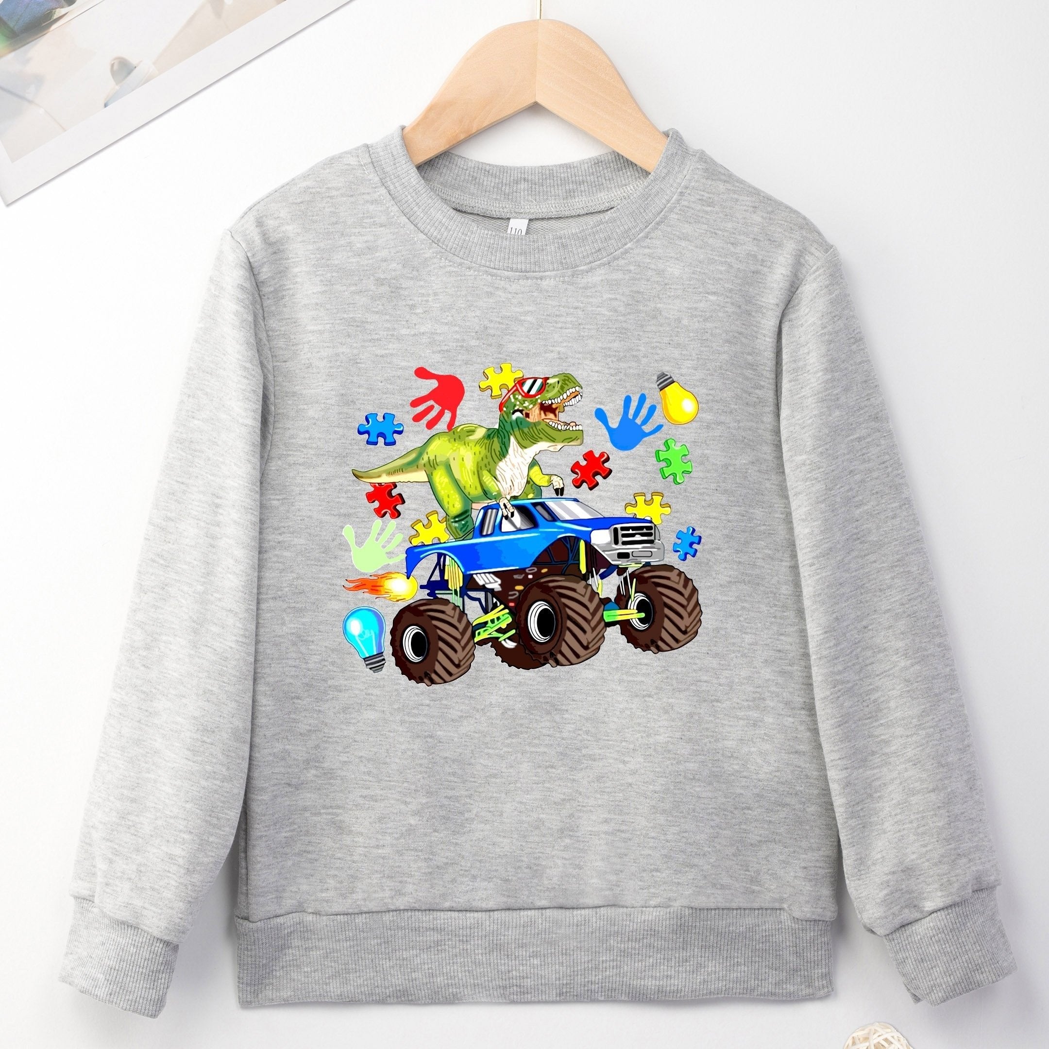Dinosaur Off Road Vehicle Print Boys Pullover Sweatshirt