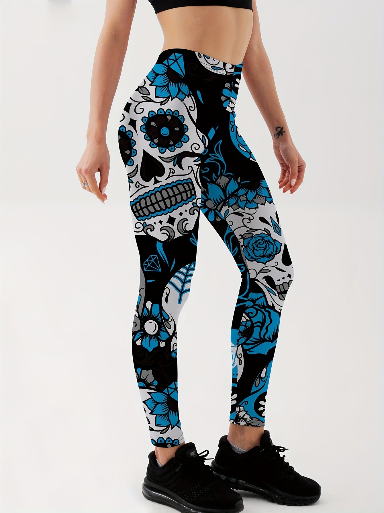Flower & Skull Print Yoga Leggings Halloween Fitness Workout Pants