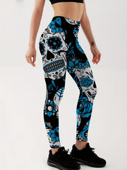 Flower & Skull Print Yoga Leggings Halloween Fitness Workout Pants