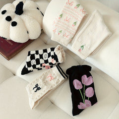 5 Pairs Floral & Bow Print Socks Women's Stockings & Hosiery