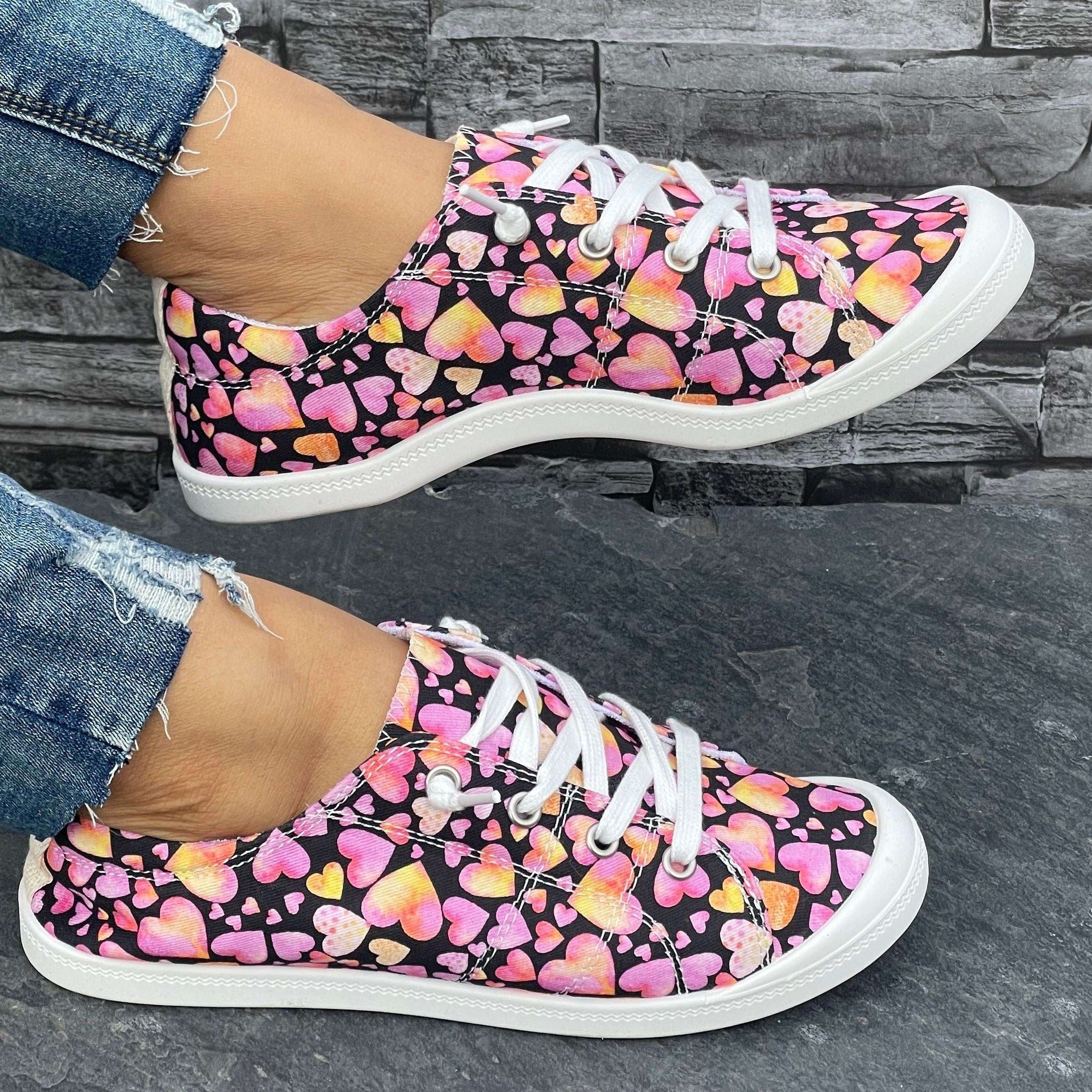 Love Heart Pattern Flat Shoes Slip On Casual Lightweight Soft Comfortable Walkin
