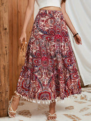Ethnic Print Tassel Decor Skirt Elastic Waist Swing Skirt