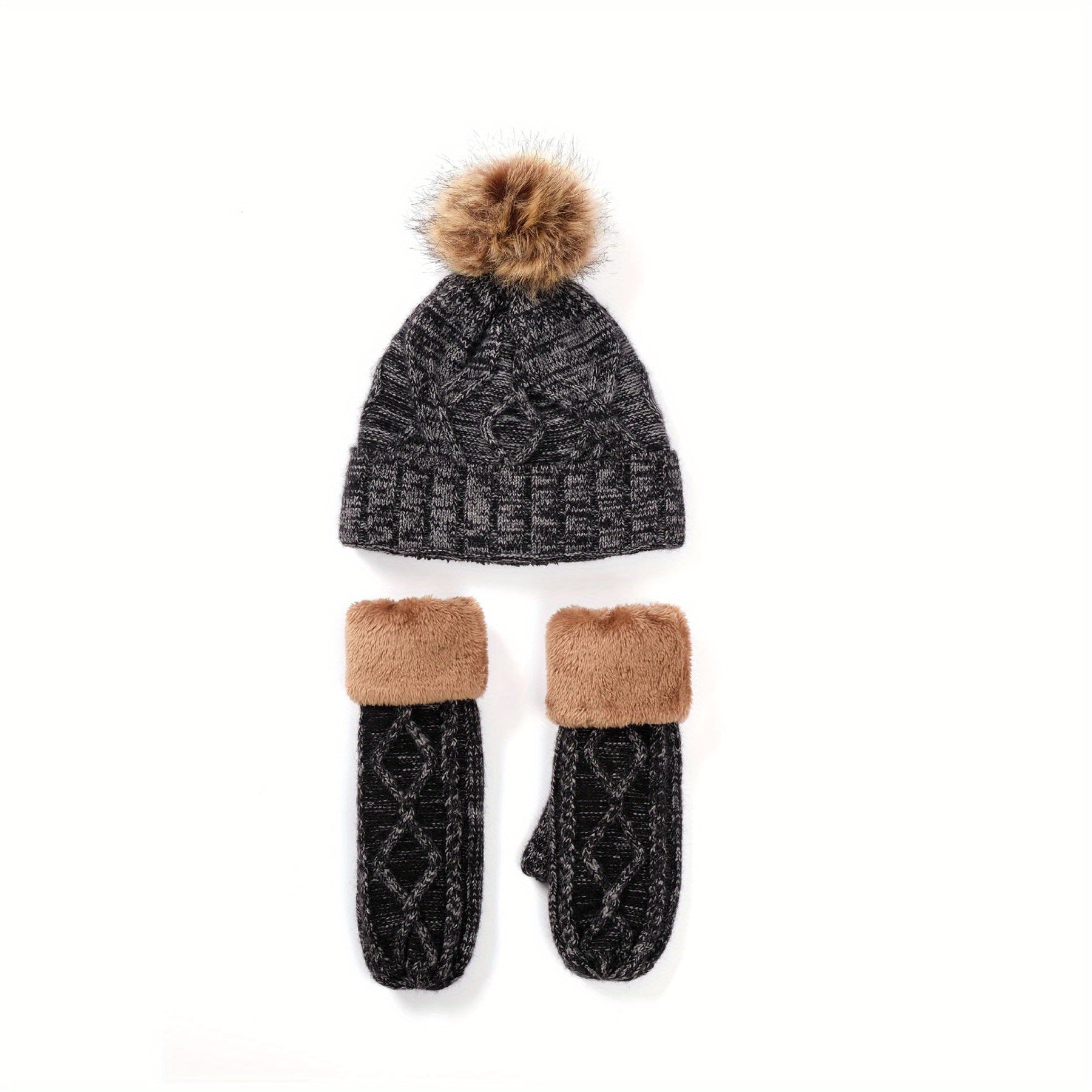 3pcs Ribbed Beanie Scarf Gloves Set Knit Pom Pom Decor Elastic Coldproof