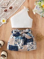 2pcs Baby Girls Cold Shoulder Tops & Flowers Allover Print Skirt