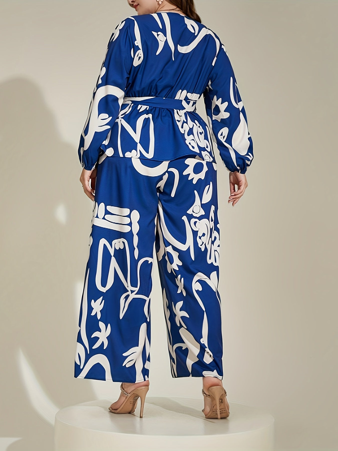 Graffiti Print Peplum Top & Wide Leg Pants Set