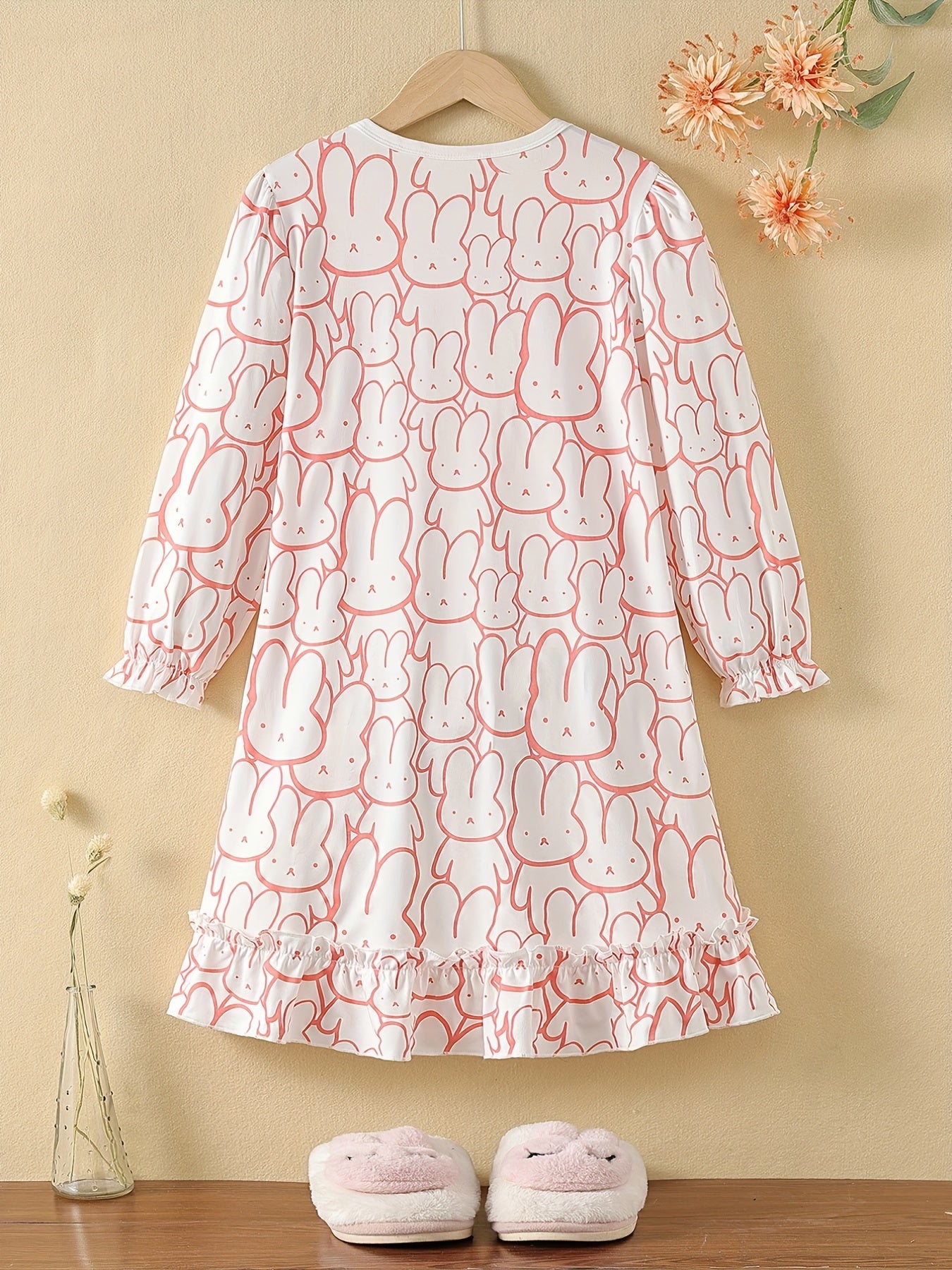 Girls Nightdress Rabbit Print Ruffle Decor PJ Long Sleeve Round Neck Dress