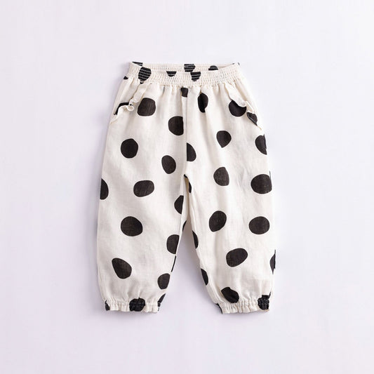 Girls Dots Baggy Cuff Linen Pants Kids Summer Trousers