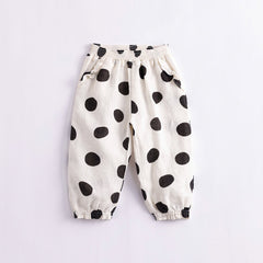 Girls Dots Baggy Cuff Linen Pants Kids Summer Trousers