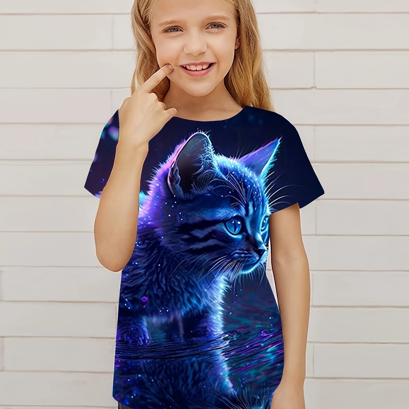 Crying Cat Graphic Short Sleeve T shirt Breathable Pullover For Girls