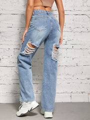Distressed Loose Fit High Waist Denim Trousers Women's Jeans