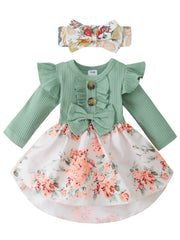 Floral Print Dress & Headband Set for Baby Girls