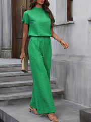 Casual Two-piece Set Crew Neck Short Sleeve Tops & Wide Leg Long Pants Outfit