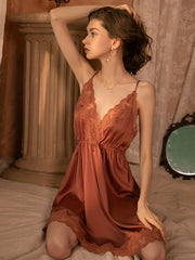 Satin Slip Nightdress Deep V Backless Spaghetti Strap Sleep Dress